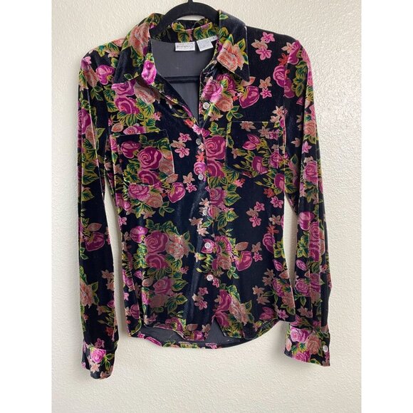 Vintage Jeanology Long sleeve Rose Floral Velvet Button Up Top Women 6 retro - Picture 1 of 10